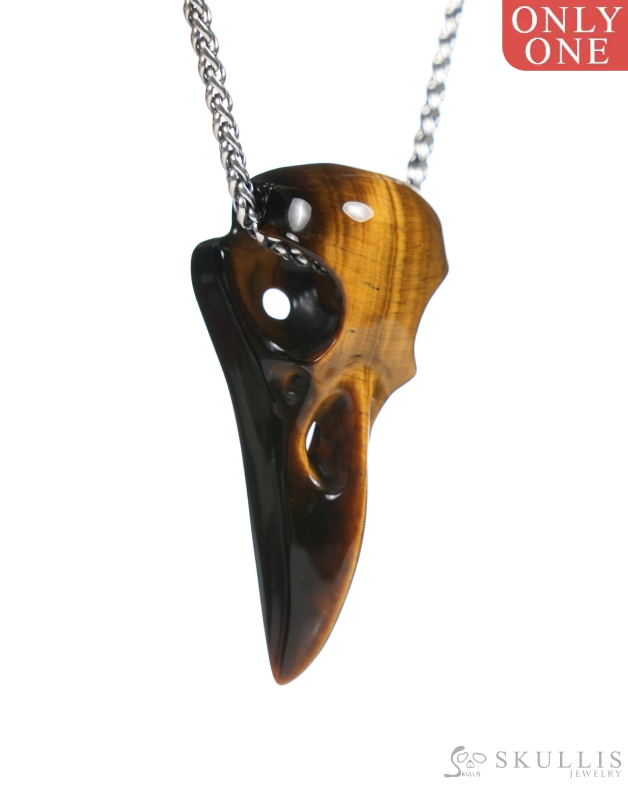 Gem Raven Skull Pendant Necklace of Gold Tiger’s Eye Carved Raven Skull - ZR19900061 Skull Pendants