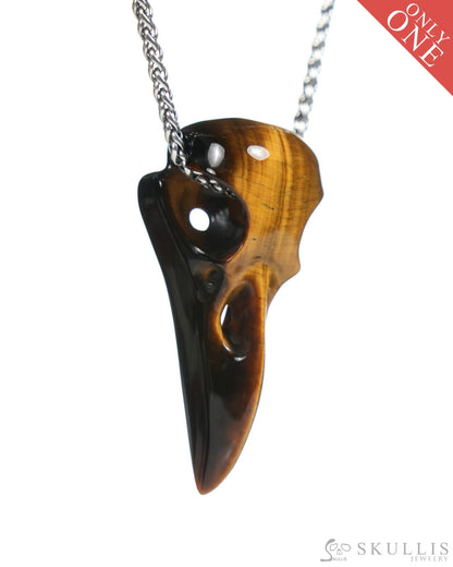 Gem Raven Skull Pendant Necklace of Gold Tiger’s Eye Carved Raven Skull - ZR19900061 Skull Pendants