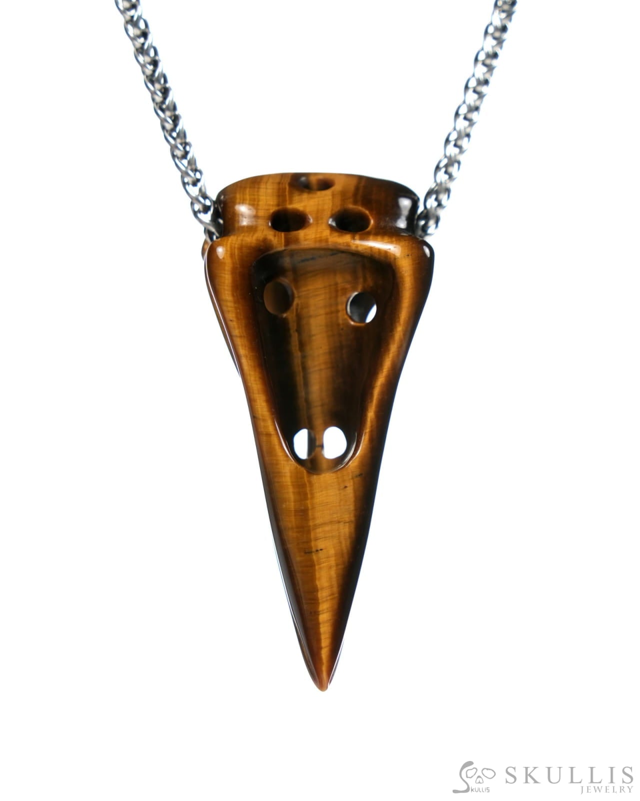 Gem Raven Skull Pendant Necklace of Gold Tiger’s Eye Carved Raven Skull - ZR19900061 Skull Pendants
