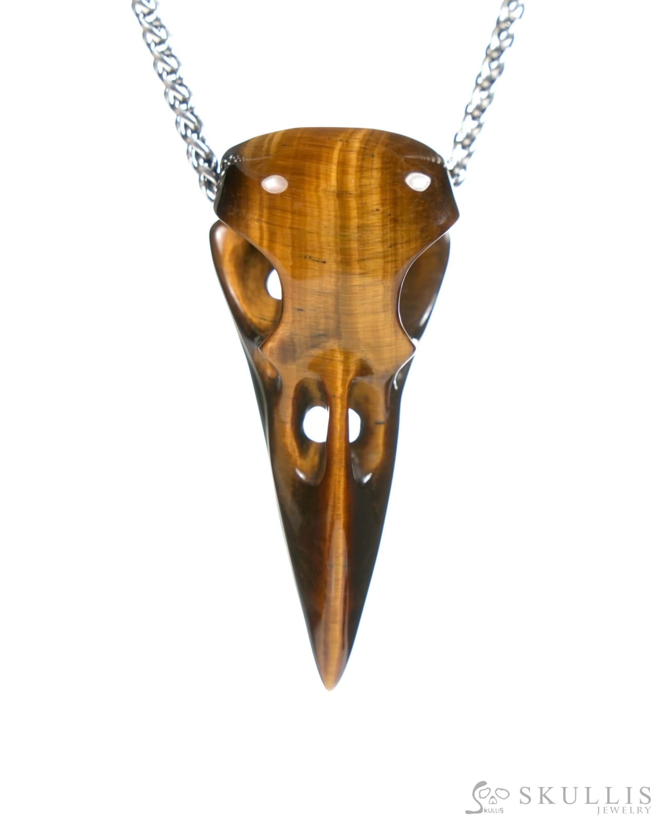 Gem Raven Skull Pendant Necklace of Gold Tiger’s Eye Carved Raven Skull - ZR19900061 Skull Pendants