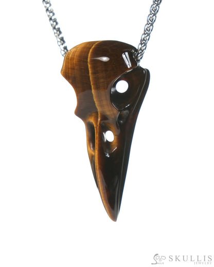 Gem Raven Skull Pendant Necklace of Gold Tiger’s Eye Carved Raven Skull - ZR19900061 Skull Pendants