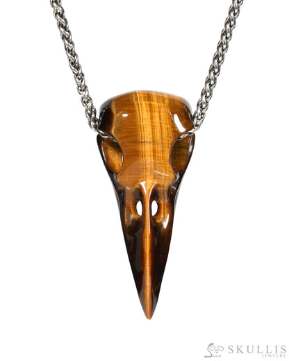 Gem Raven Skull Pendant Necklace of Gold Tiger’s Eye Carved Raven Skull - ZR19900153 Skull Pendants