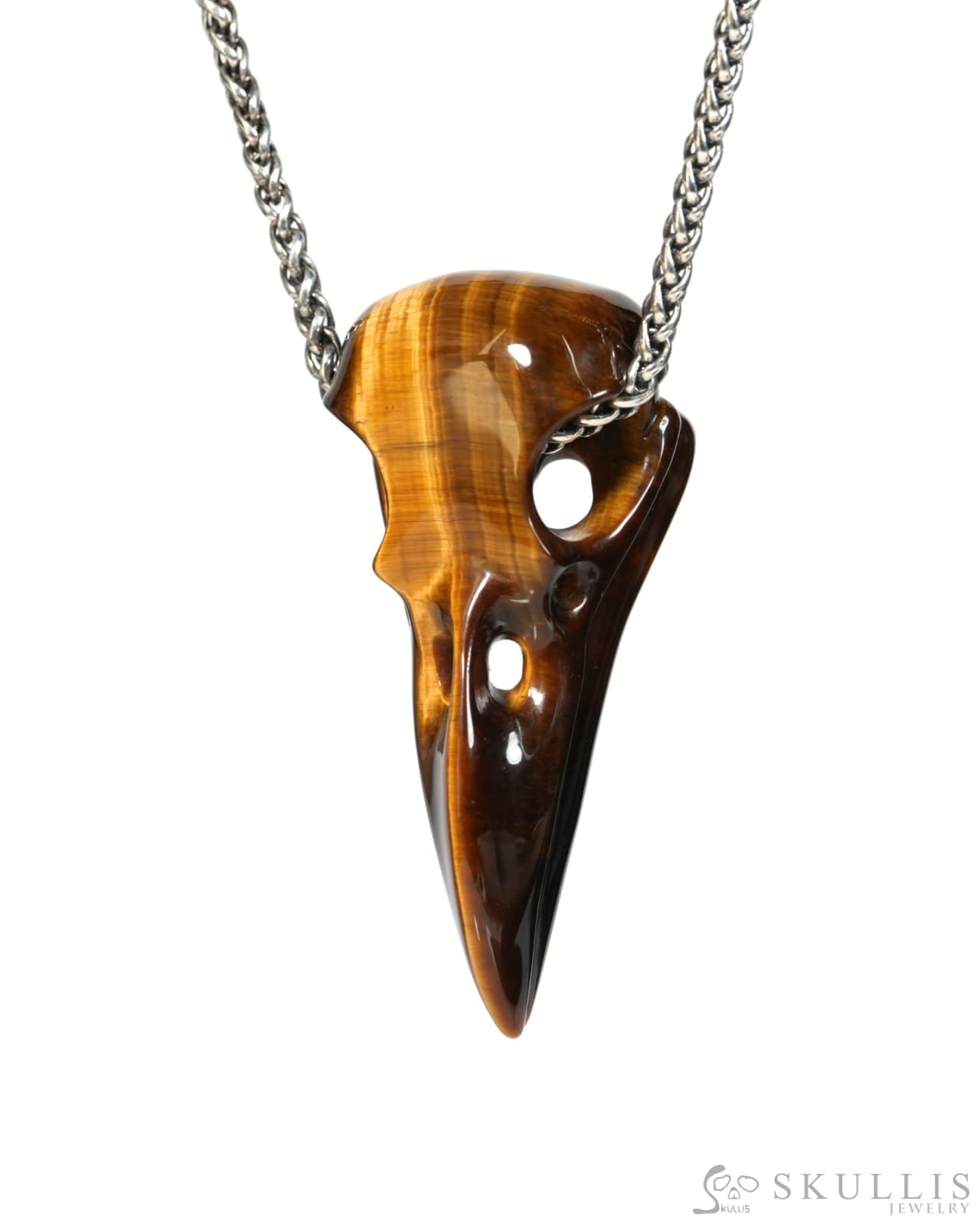 Gem Raven Skull Pendant Necklace of Gold Tiger’s Eye Carved Raven Skull - ZR19900153 Skull Pendants