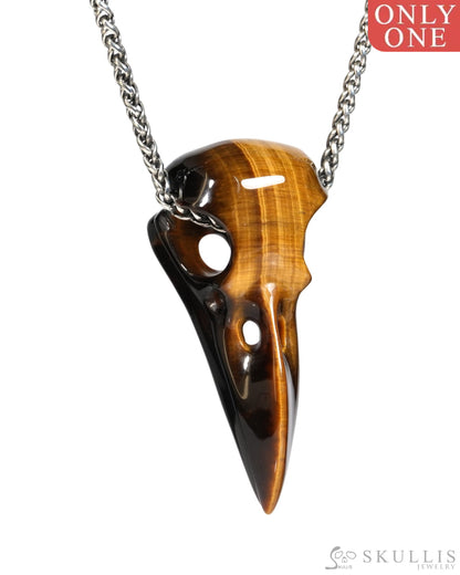 Gem Raven Skull Pendant Necklace of Gold Tiger’s Eye Carved Raven Skull - ZR19900153 Skull Pendants