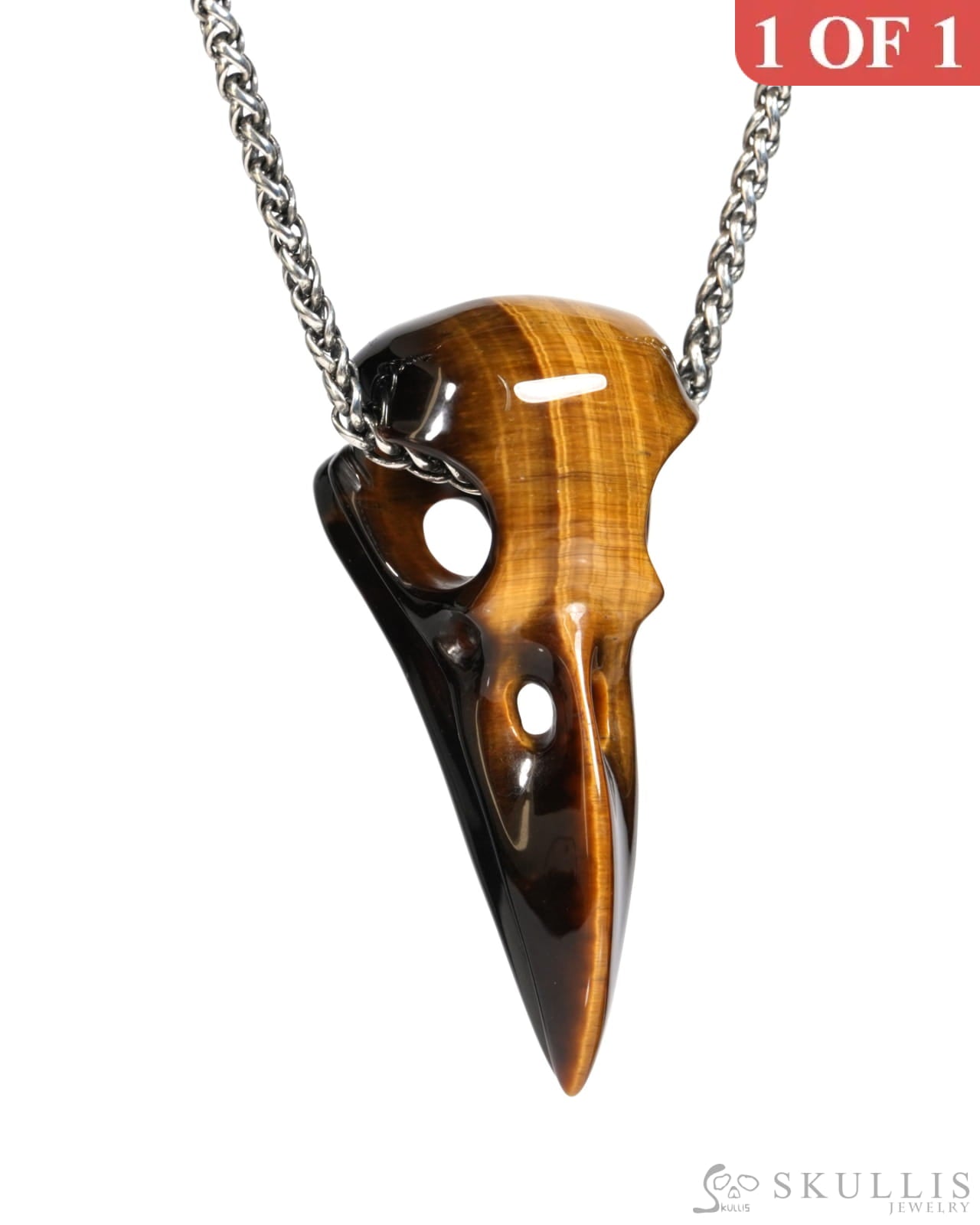 Gem Raven Skull Pendant Necklace of Gold Tiger’s Eye Carved Raven Skull - ZR19900153 Skull Pendants