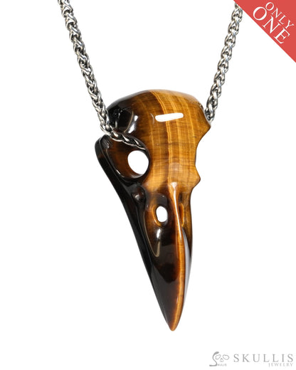 Gem Raven Skull Pendant Necklace of Gold Tiger’s Eye Carved Raven Skull - ZR19900153 Skull Pendants