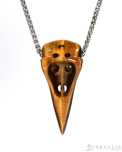 Gem Raven Skull Pendant Necklace of Gold Tiger’s Eye Carved Raven Skull - ZR19900153 Skull Pendants