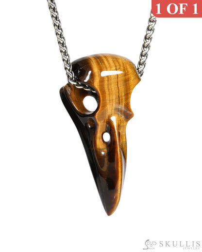 Gem Raven Skull Pendant Necklace of Gold Tiger’s Eye Carved Raven Skull - ZR19900154 Skull Pendants