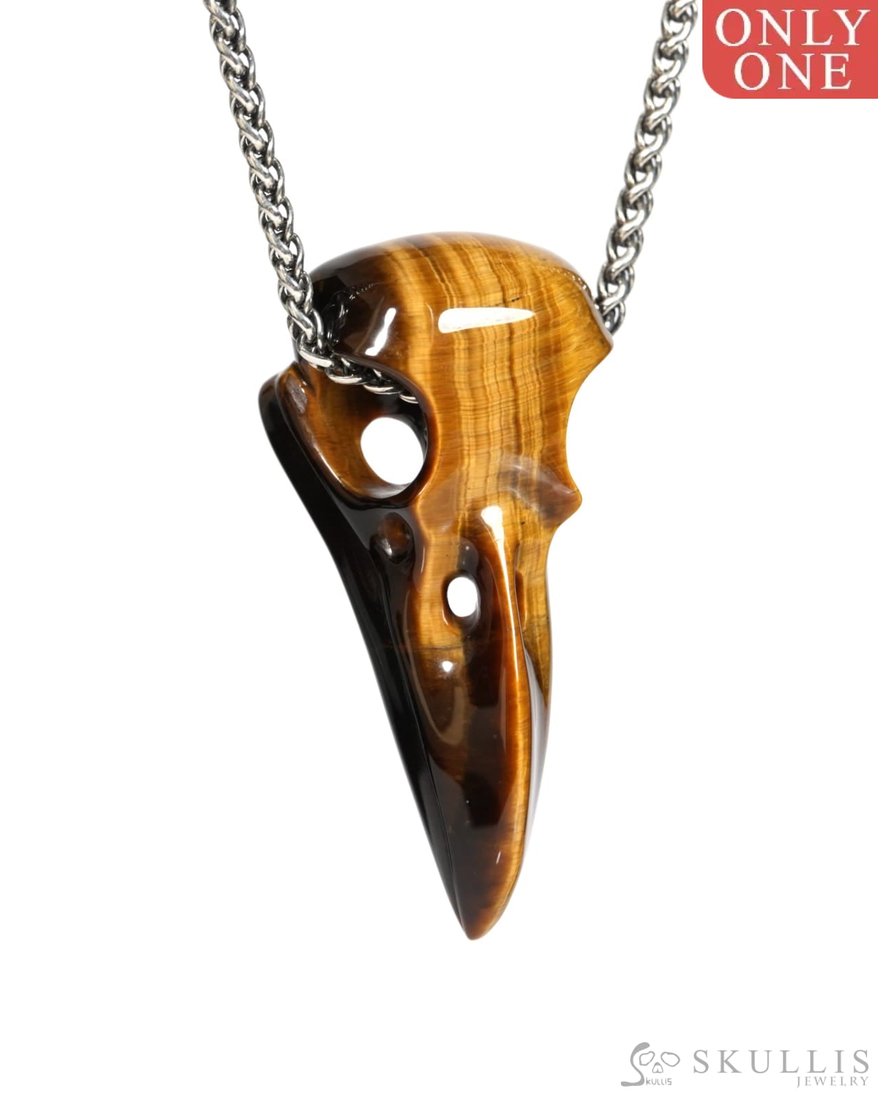 Gem Raven Skull Pendant Necklace of Gold Tiger’s Eye Carved Raven Skull - ZR19900154 Skull Pendants