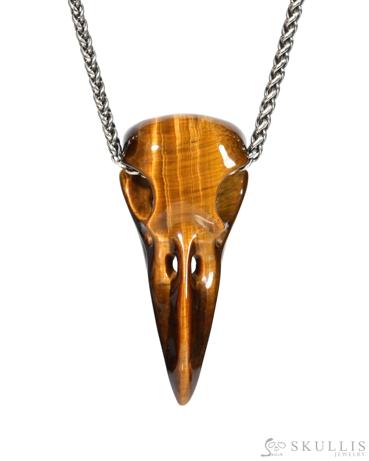 Gem Raven Skull Pendant Necklace of Gold Tiger’s Eye Carved Raven Skull - ZR19900154 Skull Pendants
