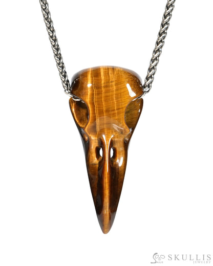 Gem Raven Skull Pendant Necklace of Gold Tiger’s Eye Carved Raven Skull - ZR19900154 Skull Pendants