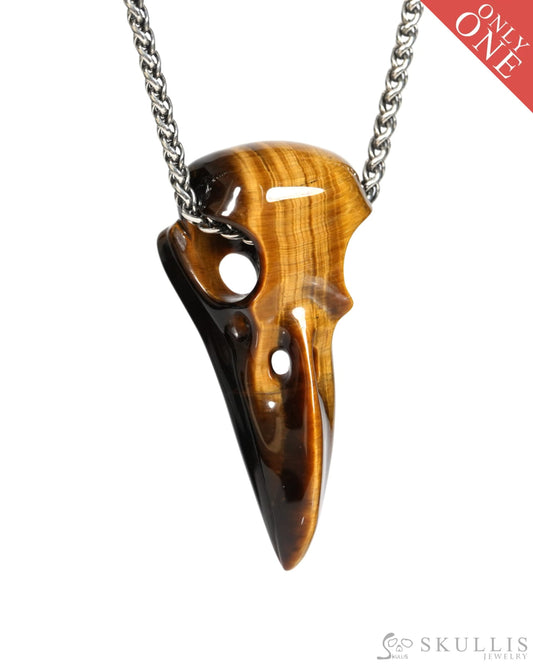 Night Pathfinder - Gem Raven Skull Pendant Necklace of Gold Tiger's Eye Carved Raven Skull - ZR19900154