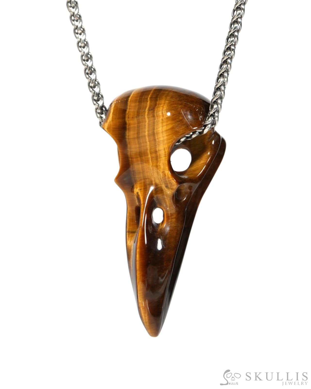 Gem Raven Skull Pendant Necklace of Gold Tiger’s Eye Carved Raven Skull - ZR19900154 Skull Pendants