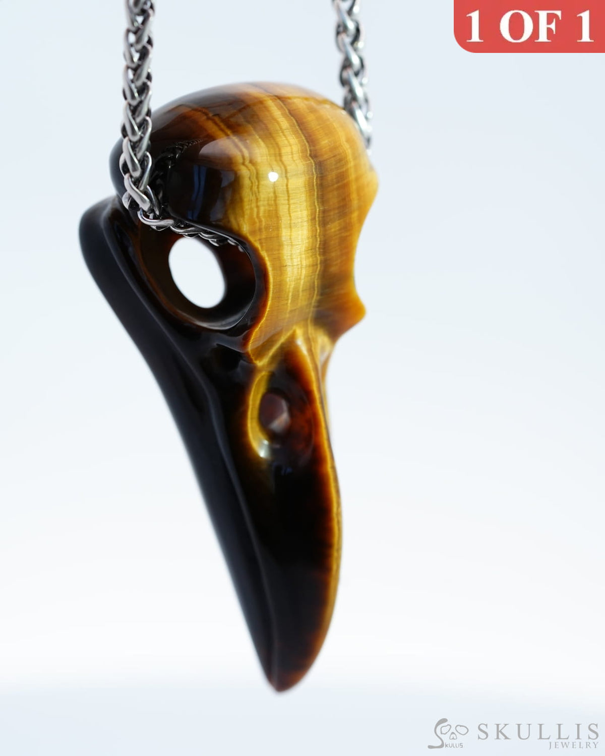 Skullis Signature Gold Tiger’s Eye Gem Skull Pendant Or Necklace Hand Carved Sterling Silver 925