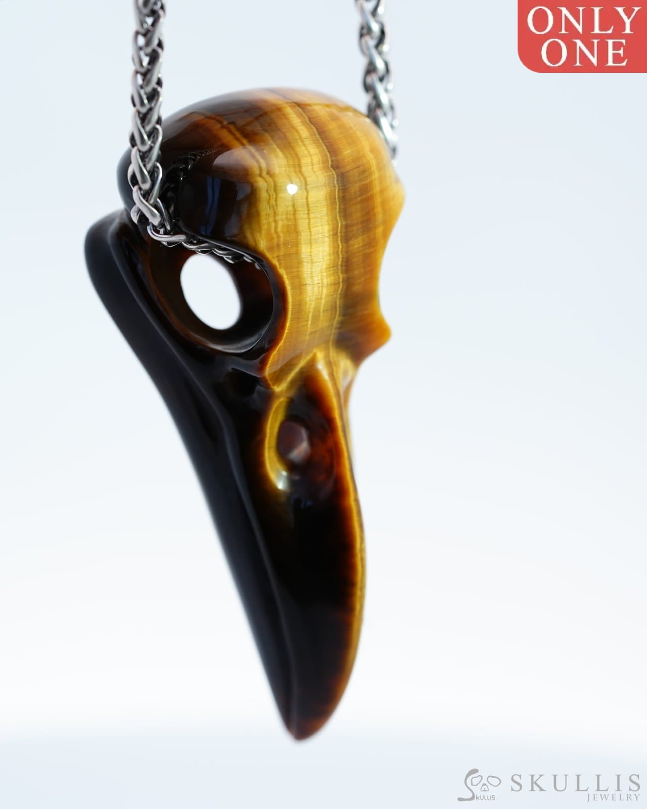 Skullis Signature Gold Tiger’s Eye Gem Skull Pendant Or Necklace Hand Carved Sterling Silver 925