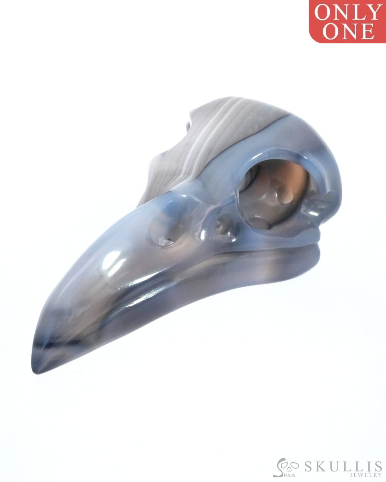 Gem Raven Skull Pendant Necklace Of Gray & White Agate Carved Raven - 9500163 Pendants