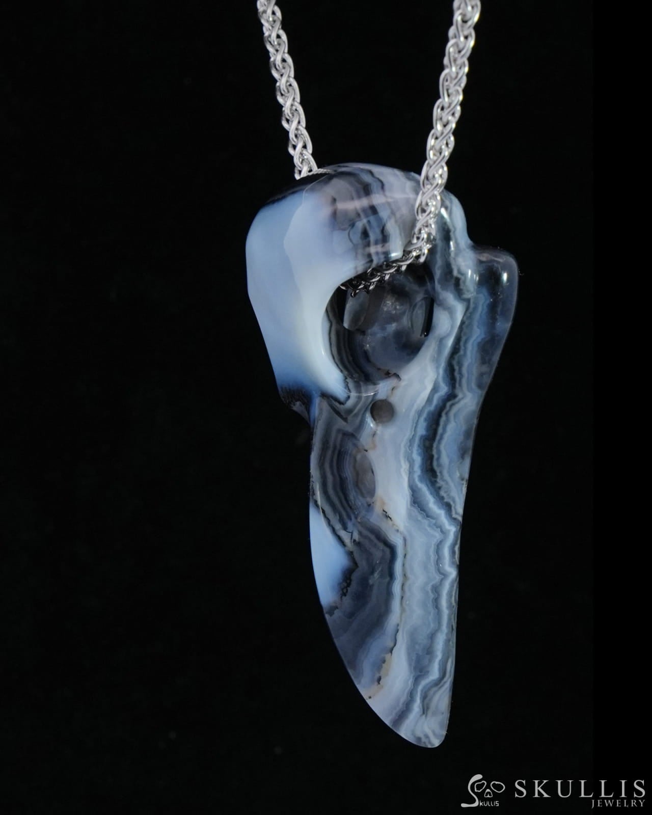 Gem Raven Skull Pendant Necklace of Gray & White Agate Crystal Raven Pendant - 9800166 Skull Pendants