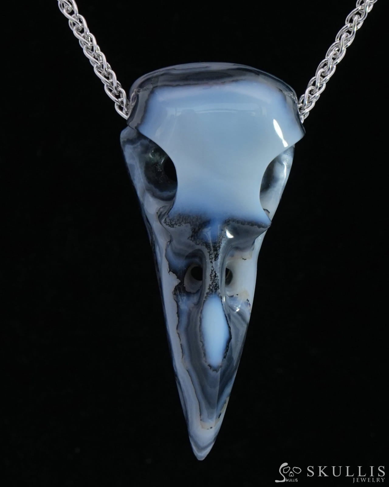 Gem Raven Skull Pendant Necklace of Gray & White Agate Crystal Raven Pendant - 9800166 Skull Pendants