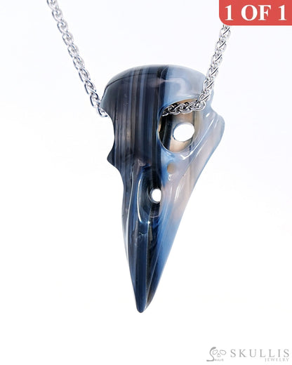 Gem Raven Skull Pendant Necklace Of Gray & White Agate Crystal - 9800173 Pendants