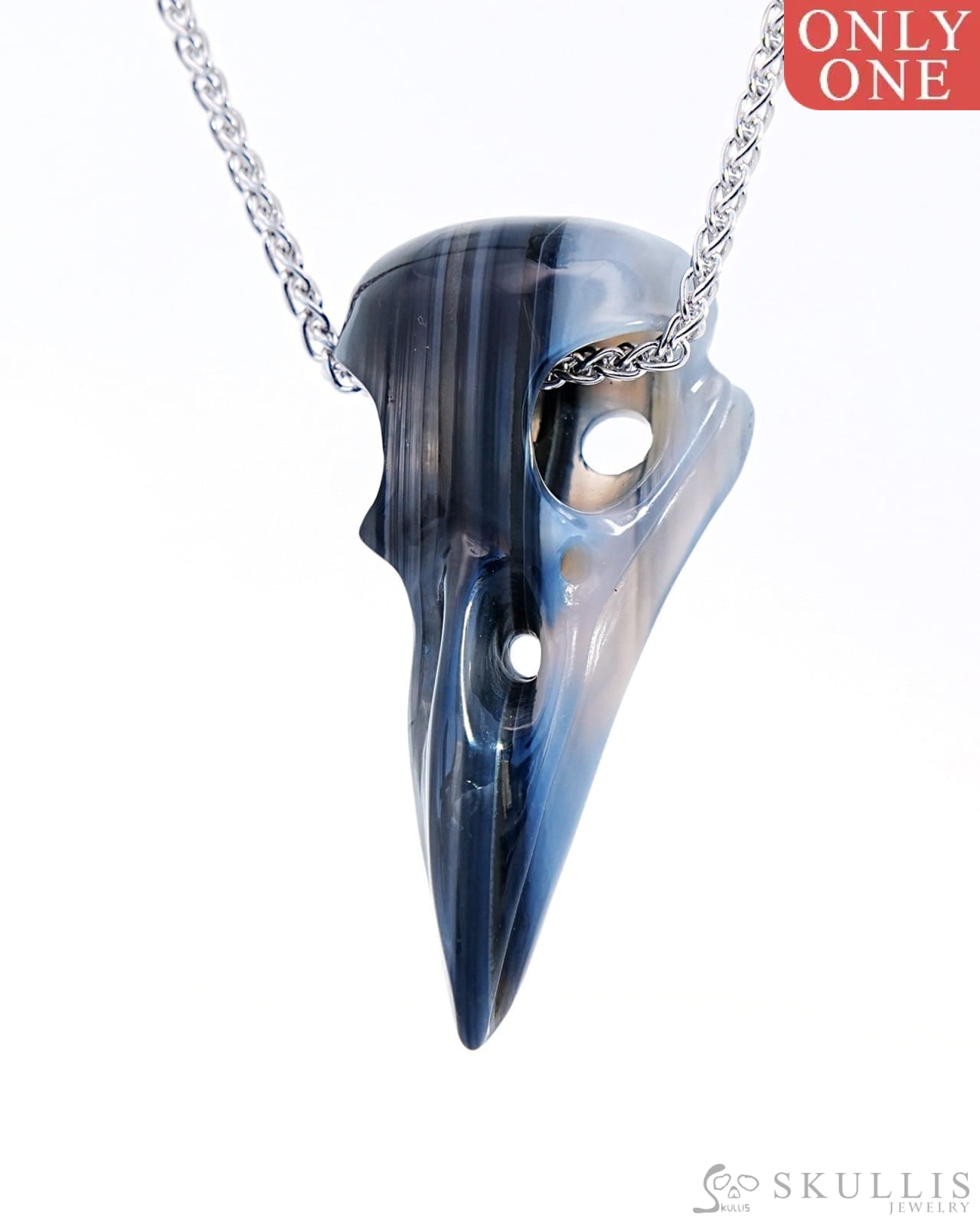 Gem Raven Skull Pendant Necklace Of Gray & White Agate Crystal - 9800173 Pendants