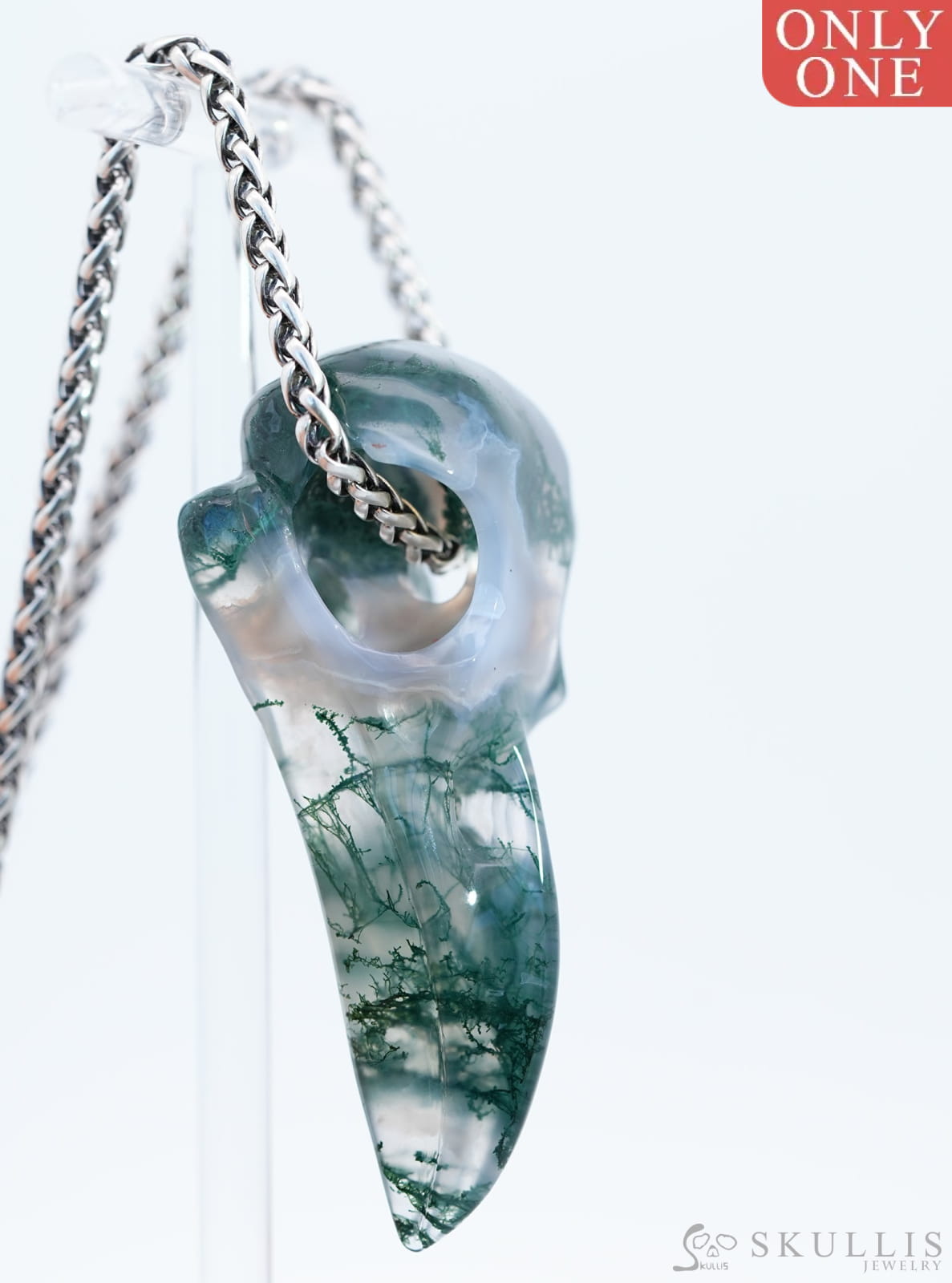 Skullis Signature Green Moss Agate Gem Skull Pendant Or Necklace Hand Carved Sterling Silver 925