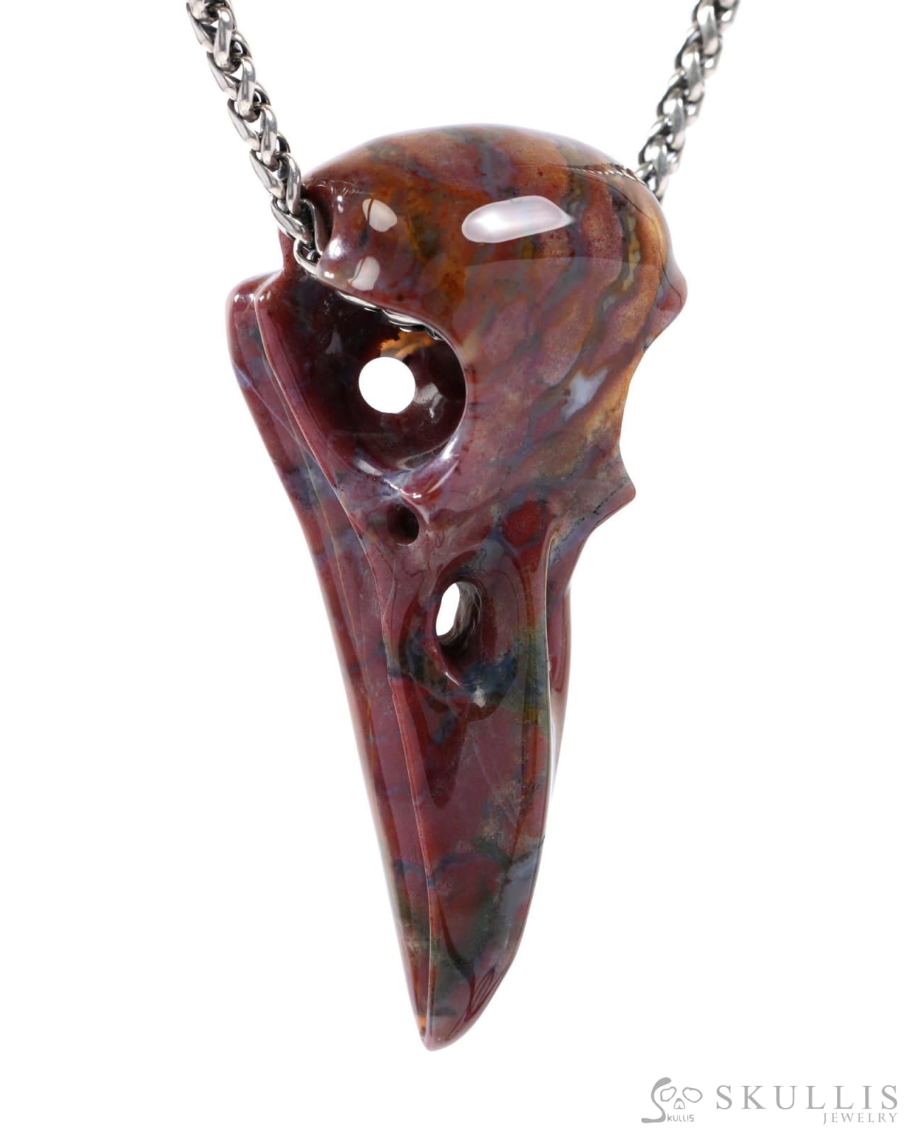 Gem Raven Skull Pendant Necklace of Bloodstone Carved Raven Skull - 9500321 Skull Pendants