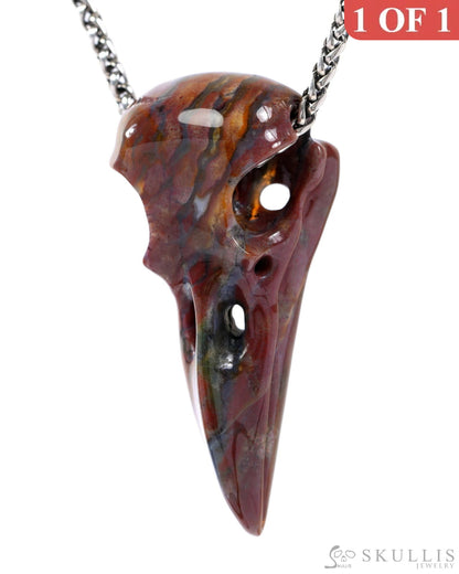 Gem Raven Skull Pendant Necklace of Bloodstone Carved Raven Skull - 9500321 Skull Pendants