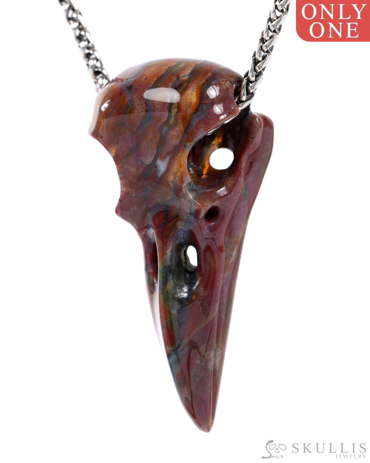 Gem Raven Skull Pendant Necklace of Bloodstone Carved Raven Skull - 9500321 Skull Pendants