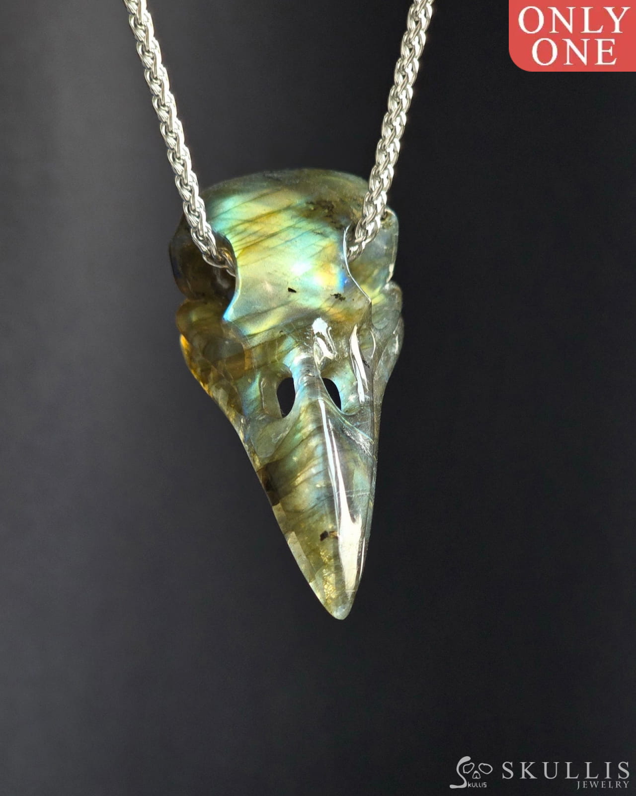 Gem Skull Pendant Necklace Of Labradorite Crystal Carved Skull With Detachable Silver Jaw