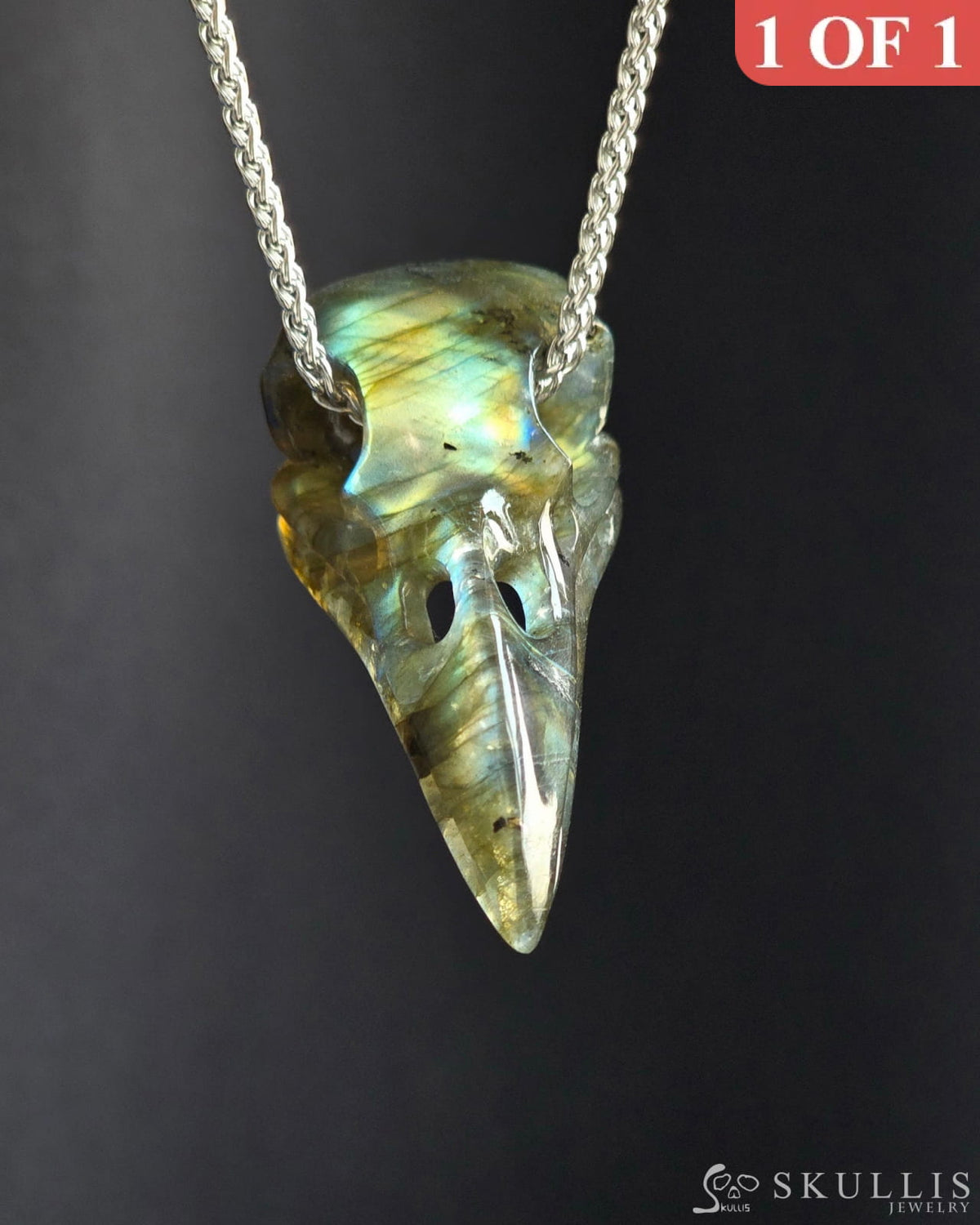 Gem Skull Pendant Necklace Of Labradorite Crystal Carved Skull With Detachable Silver Jaw