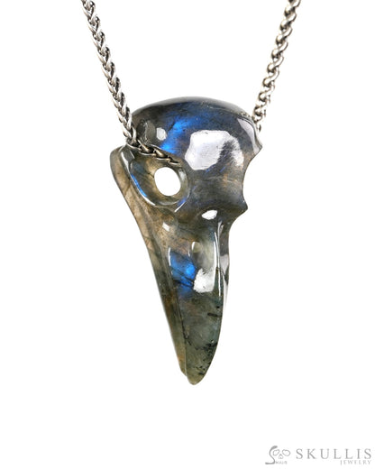 Night Pathfinder - Gem Raven Skull Pendant Necklace of Labradorite Carved Raven Skull - 9900601 - Skull Pendants