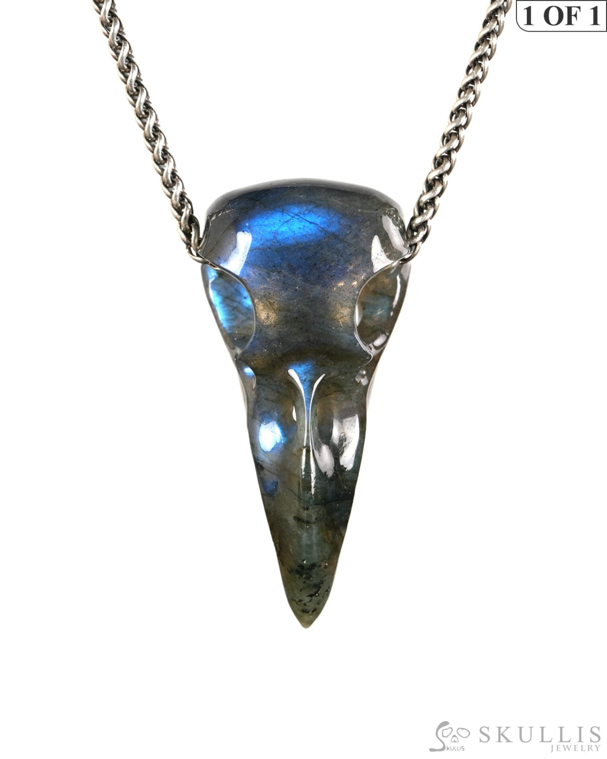 Night Pathfinder - Gem Raven Skull Pendant Necklace of Labradorite Carved Raven Skull - 9900601 - Skull Pendants