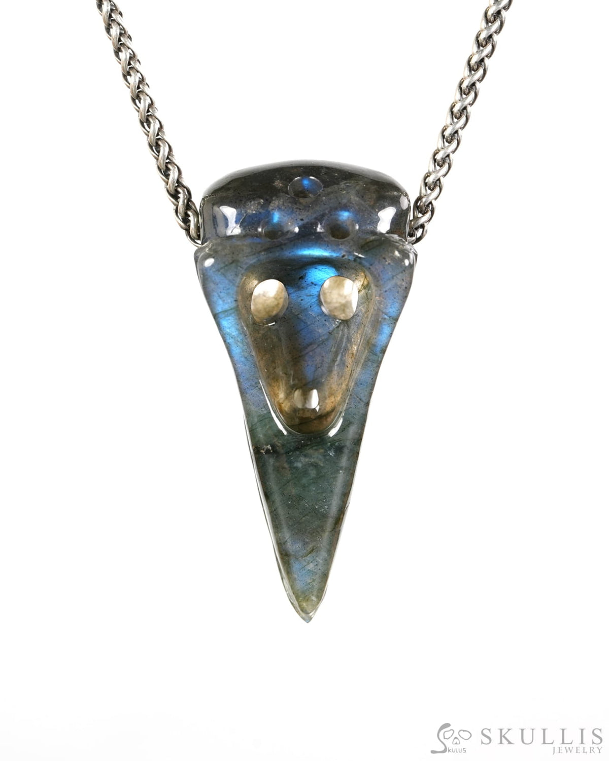 Night Pathfinder - Gem Raven Skull Pendant Necklace of Labradorite Carved Raven Skull - 9900601 - Skull Pendants