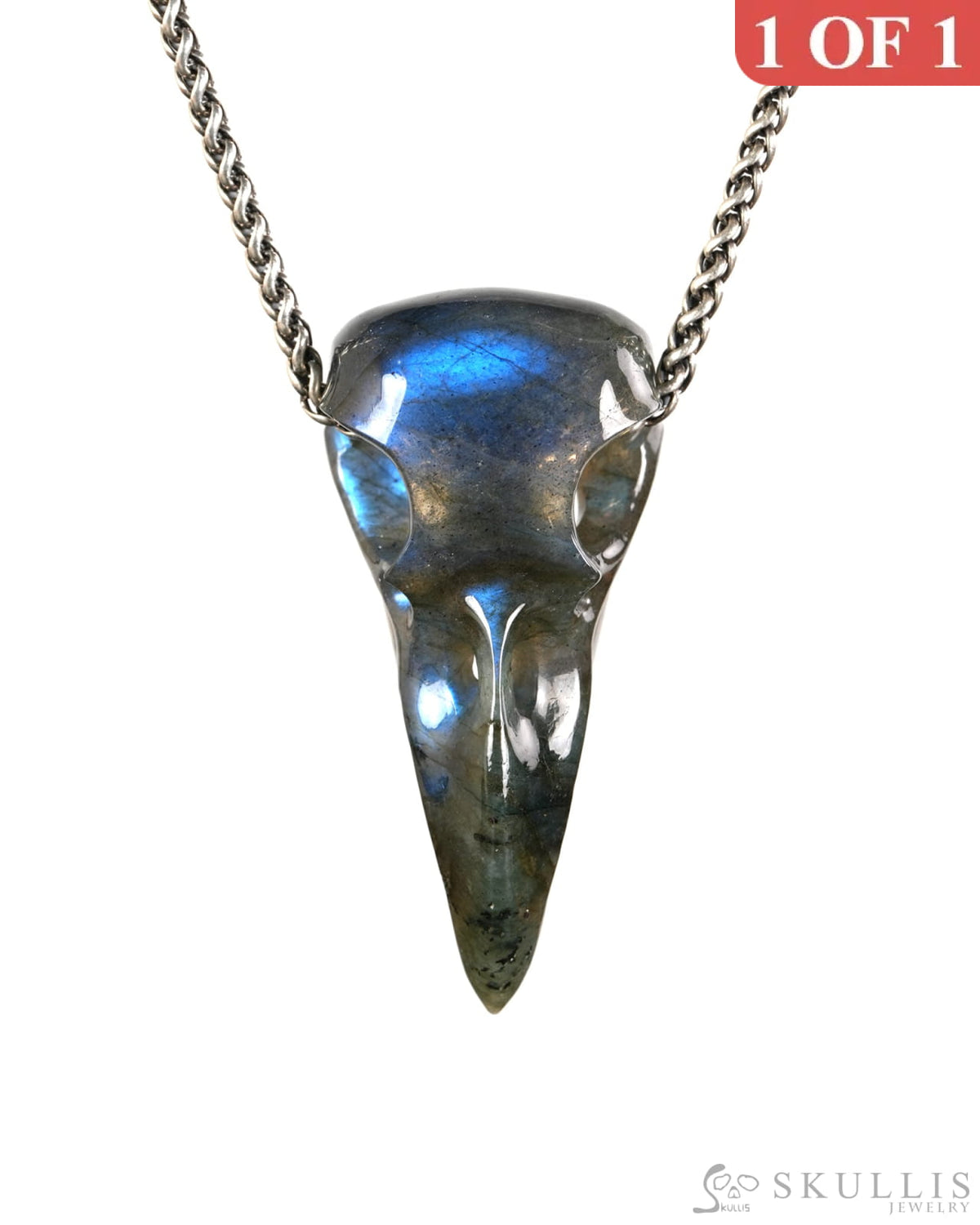 Night Pathfinder - Gem Raven Skull Pendant Necklace of Labradorite Carved Raven Skull - 9900601 - Skull Pendants
