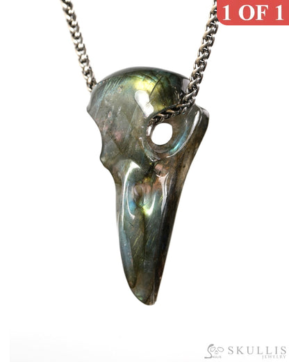 Night Pathfinder - Gem Raven Skull Pendant Necklace of Labradorite Carved Raven Skull - 9900602 - Skull Pendants