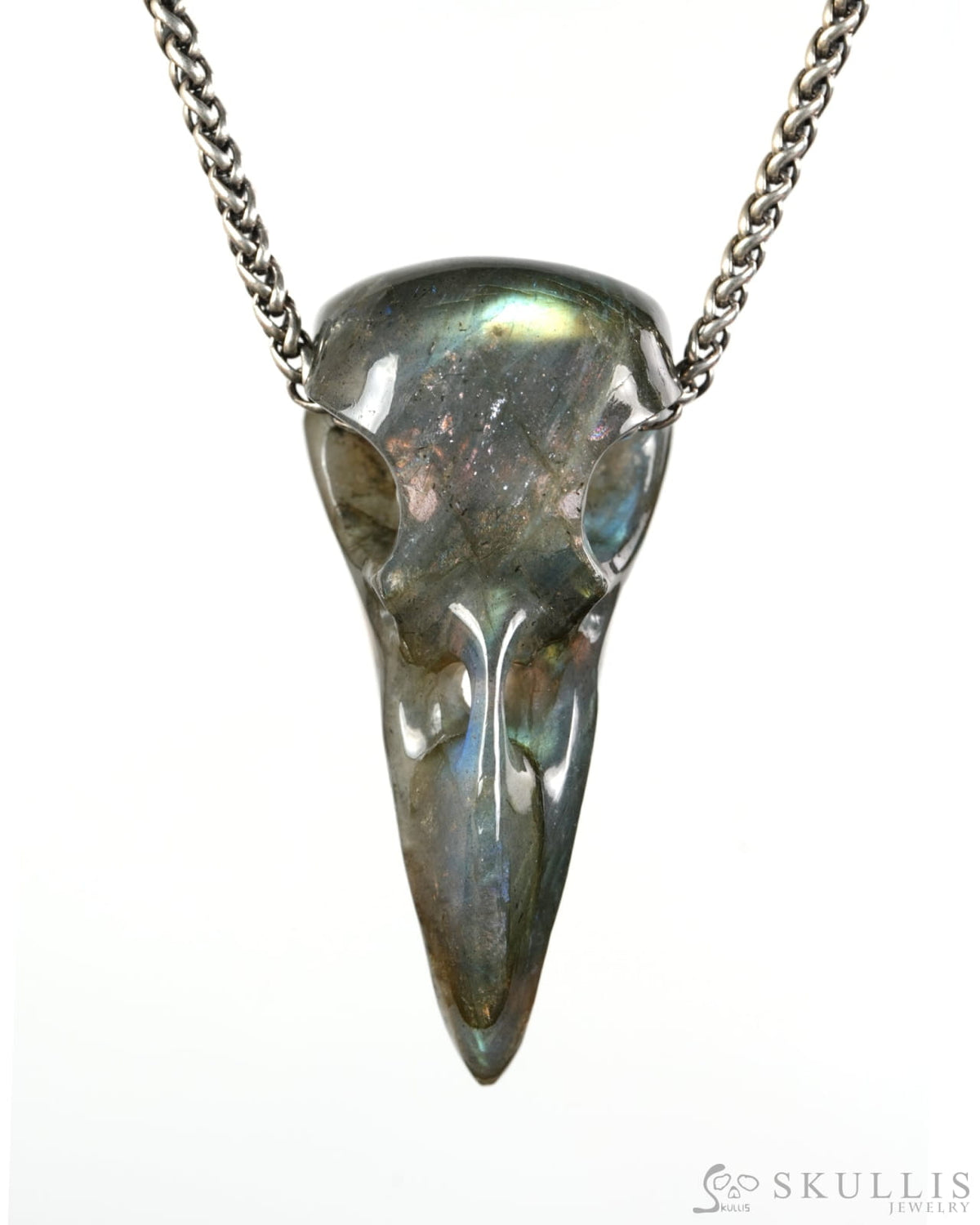 Night Pathfinder - Gem Raven Skull Pendant Necklace of Labradorite Carved Raven Skull - 9900602 - Skull Pendants