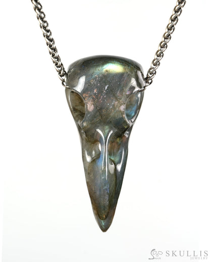 Night Pathfinder - Gem Raven Skull Pendant Necklace of Labradorite Carved Raven Skull - 9900602 - Skull Pendants