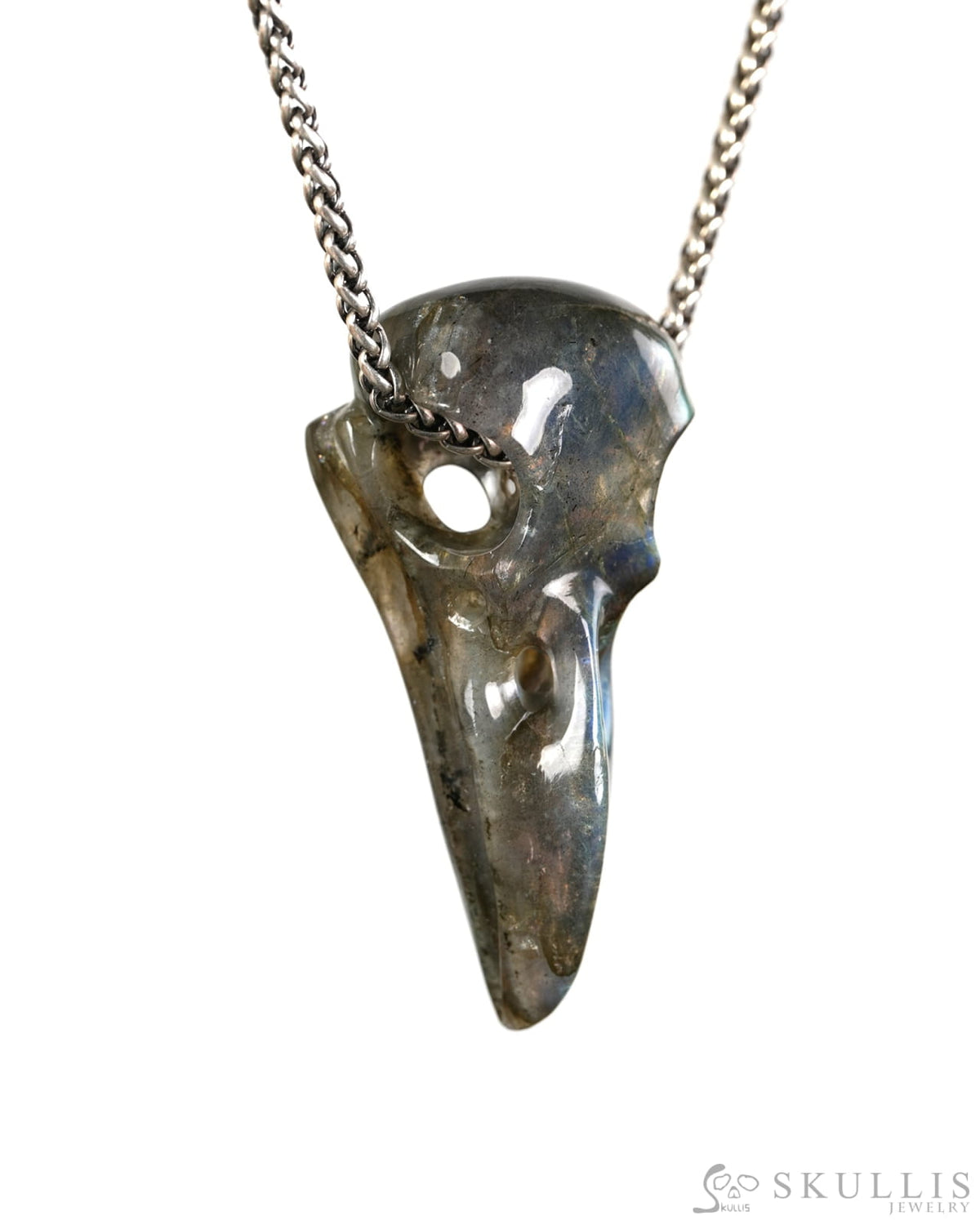 Night Pathfinder - Gem Raven Skull Pendant Necklace of Labradorite Carved Raven Skull - 9900602 - Skull Pendants