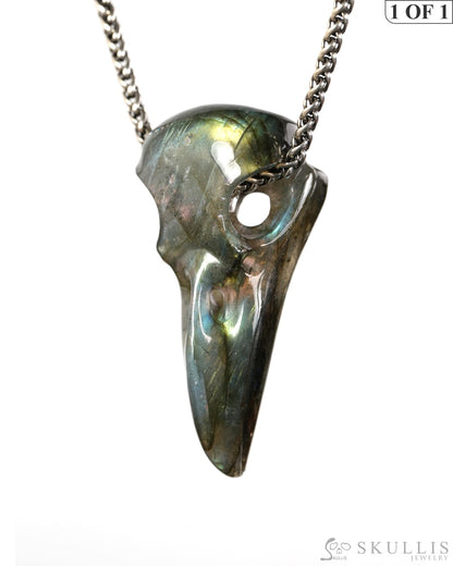 Night Pathfinder - Gem Raven Skull Pendant Necklace of Labradorite Carved Raven Skull - 9900602 - Skull Pendants