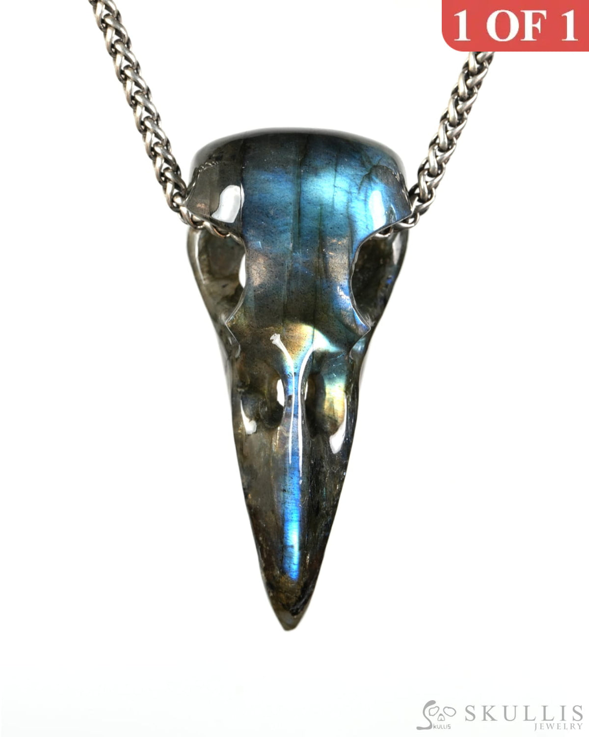 Night Pathfinder - Gem Raven Skull Pendant Necklace of Labradorite Carved Raven Skull - 9900603 - Skull Pendants