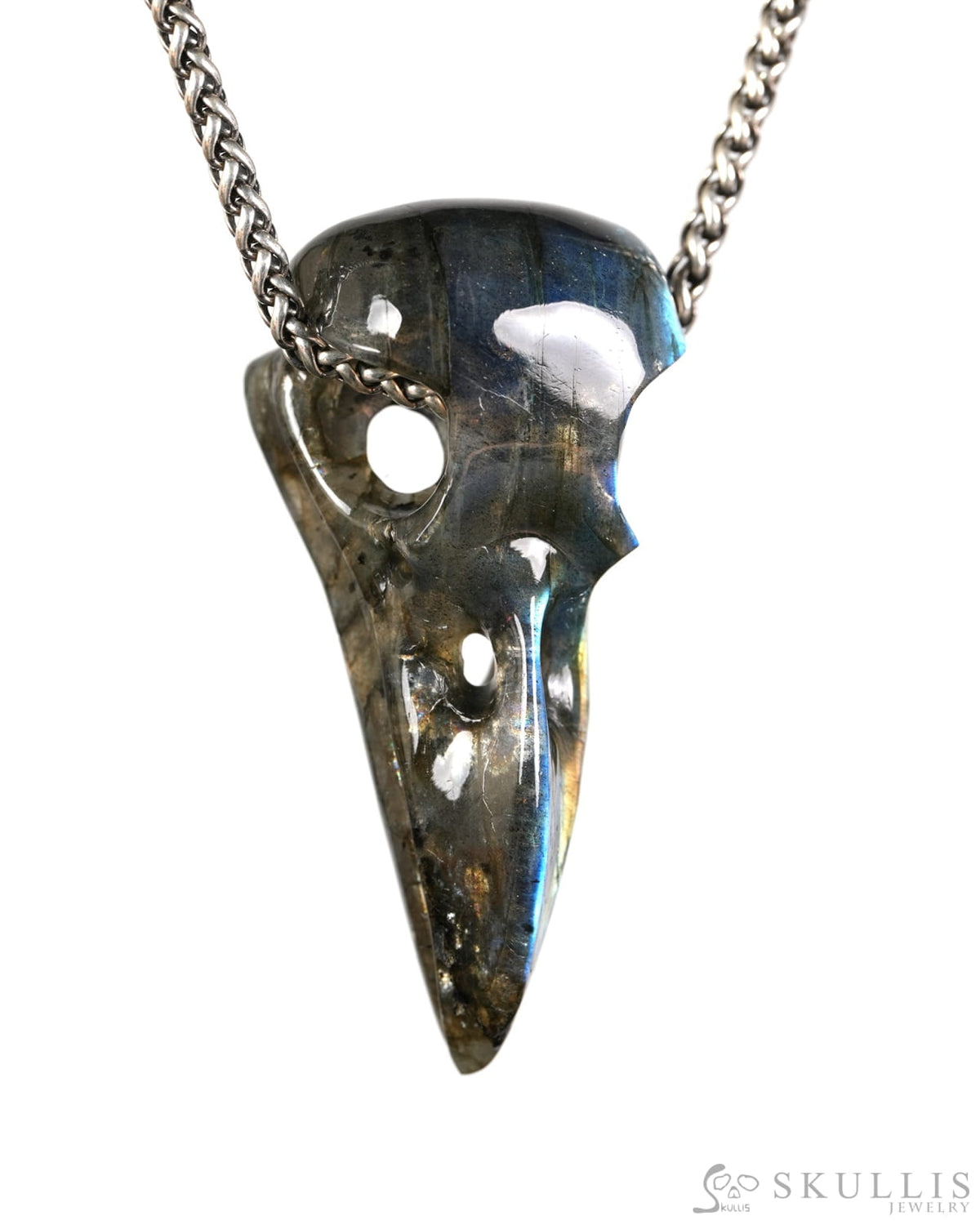 Night Pathfinder - Gem Raven Skull Pendant Necklace of Labradorite Carved Raven Skull - 9900603 - Skull Pendants