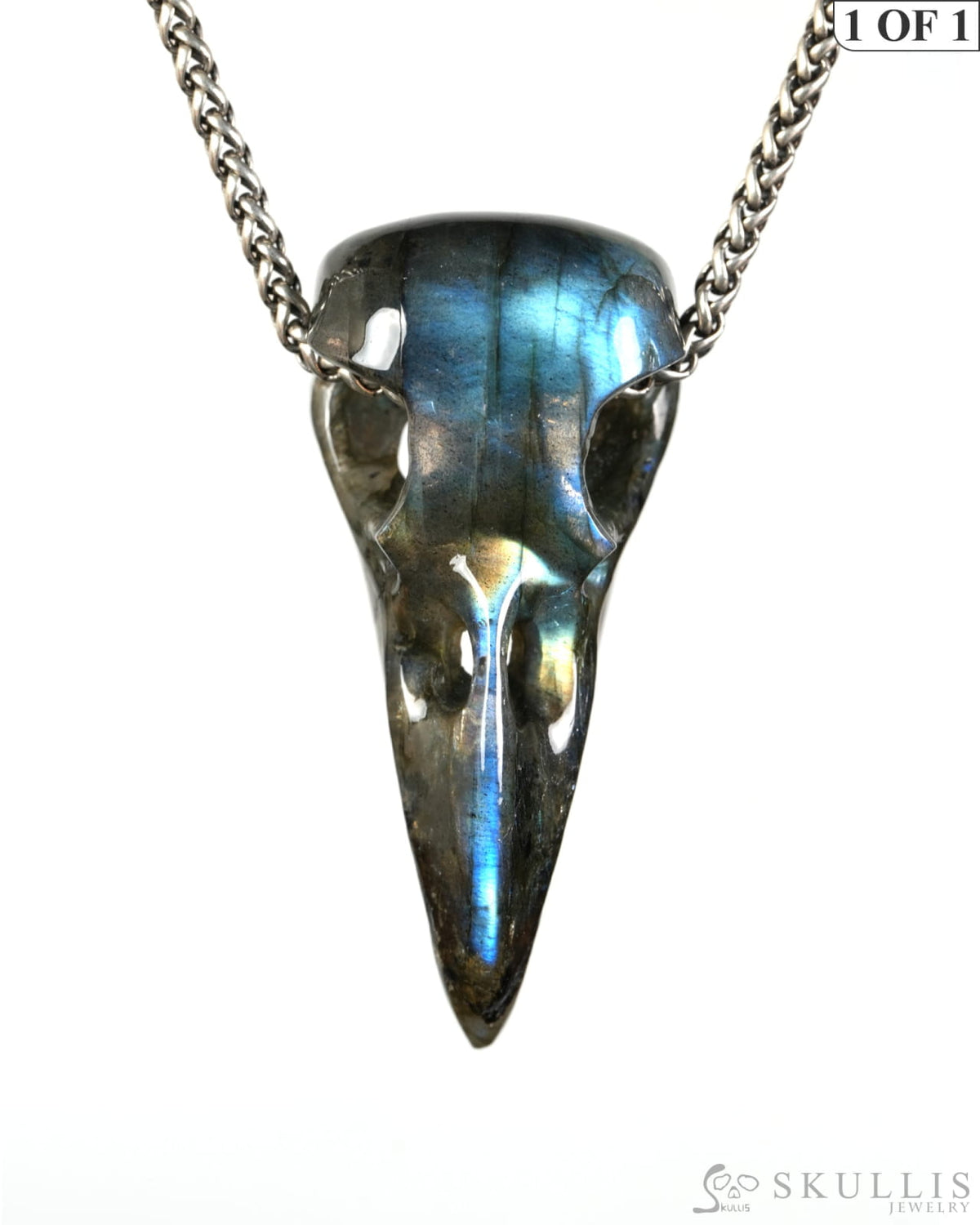 Night Pathfinder - Gem Raven Skull Pendant Necklace of Labradorite Carved Raven Skull - 9900603 - Skull Pendants
