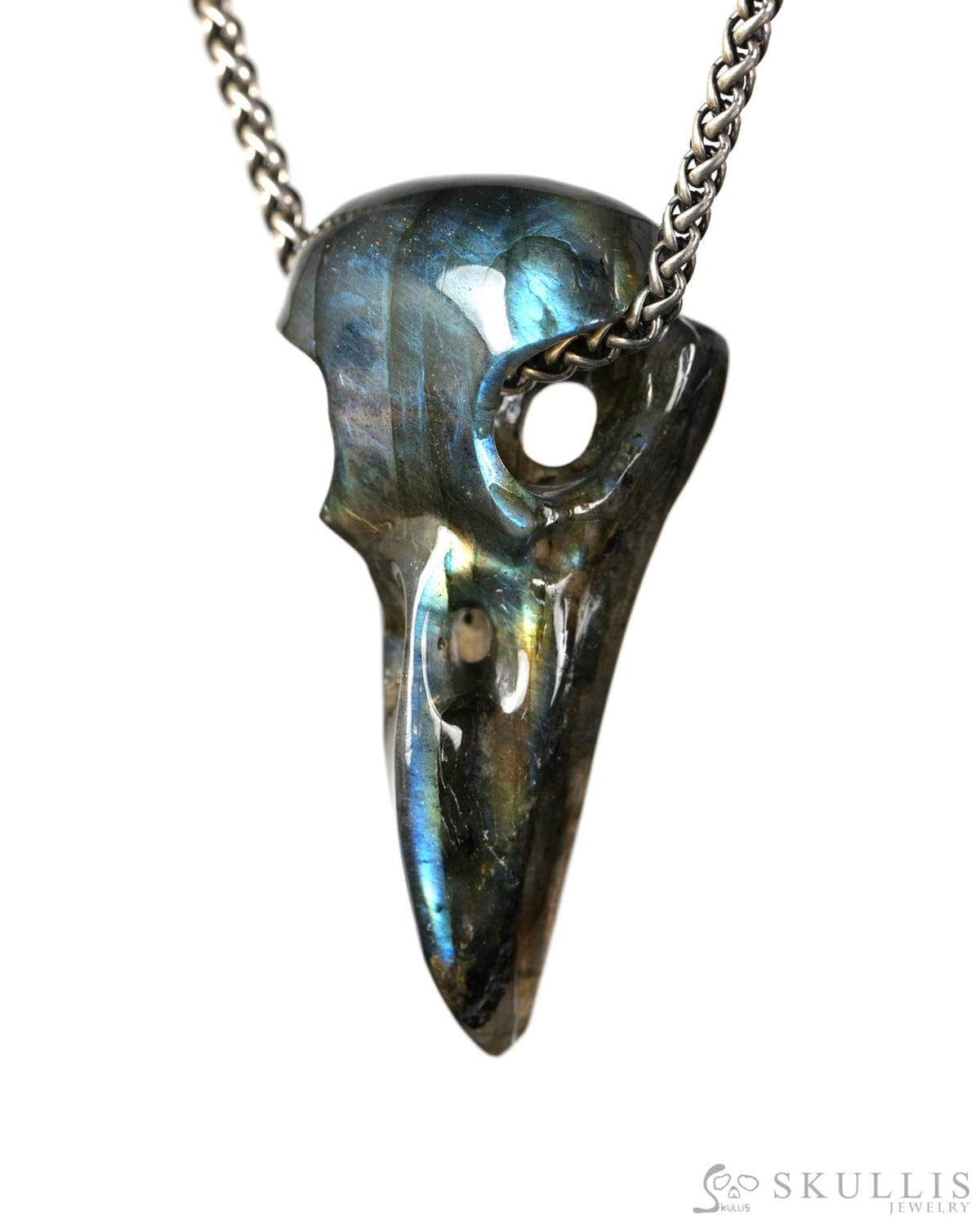 Night Pathfinder - Gem Raven Skull Pendant Necklace of Labradorite Carved Raven Skull - 9900603 - Skull Pendants