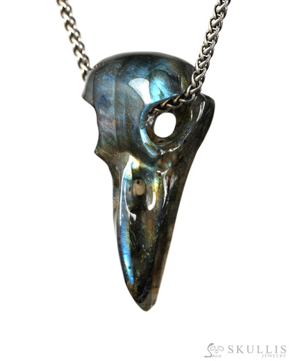Night Pathfinder - Gem Raven Skull Pendant Necklace of Labradorite Carved Raven Skull - 9900603 - Skull Pendants