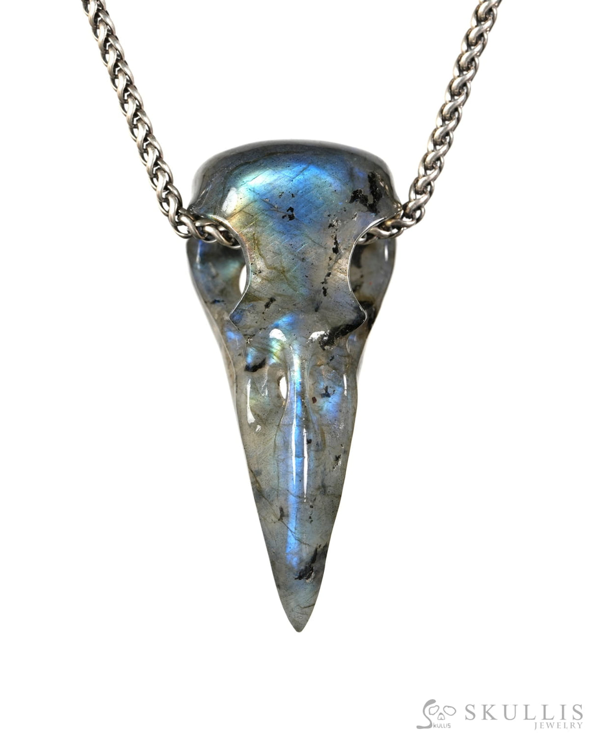 Night Pathfinder - Gem Raven Skull Pendant Necklace of Labradorite Carved Raven Skull - 9900604 - Skull Pendants