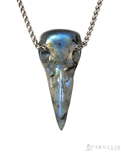 Night Pathfinder - Gem Raven Skull Pendant Necklace of Labradorite Carved Raven Skull - 9900604 - Skull Pendants