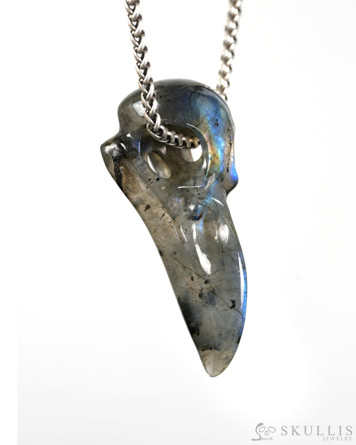 Night Pathfinder - Gem Raven Skull Pendant Necklace of Labradorite Carved Raven Skull - 9900604 - Skull Pendants