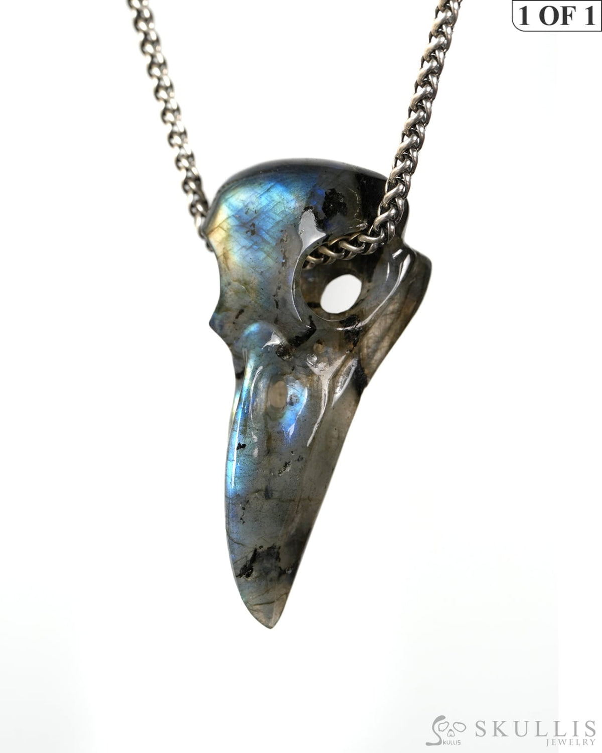 Night Pathfinder - Gem Raven Skull Pendant Necklace of Labradorite Carved Raven Skull - 9900604 - Skull Pendants