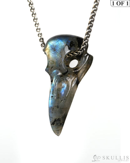 Night Pathfinder - Gem Raven Skull Pendant Necklace of Labradorite Carved Raven Skull - 9900604 - Skull Pendants