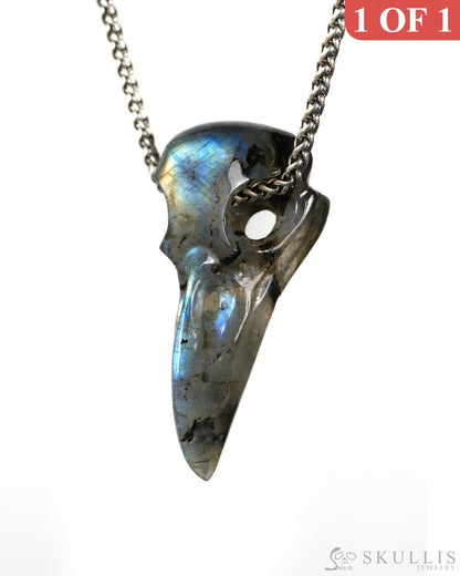 Night Pathfinder - Gem Raven Skull Pendant Necklace of Labradorite Carved Raven Skull - 9900604 - Skull Pendants